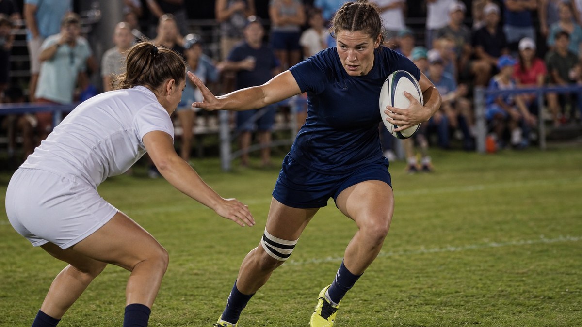 Women's rugby player sprinting with the ball past a defender on a floodlit pitch in the USA